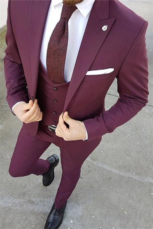 Purple Slim Fit 3 Pieces Tuxedo Tailored Peak Lapel for Men Groom Wedding Dress Suit Allaboutsuit