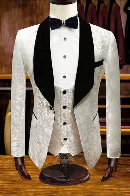 White Jacquard Wedding Tuxedos Velvet Lapel Men Suits