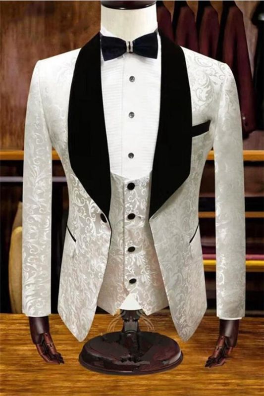 White Jacquard Wedding Tuxedos | Velvet Lapel Men Suits for Groom 3