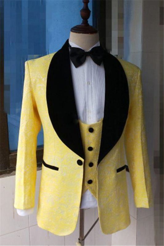 Yellow Slim Fit Lapel Shawl Prom Dress Suit Bespoke Jacquard Men