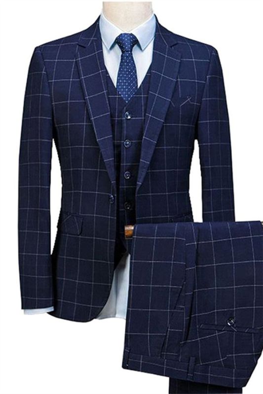 Navy Blue 3 Pieces Plaid Mens Suits | Slim Fit Notched Lapel Tuxedos