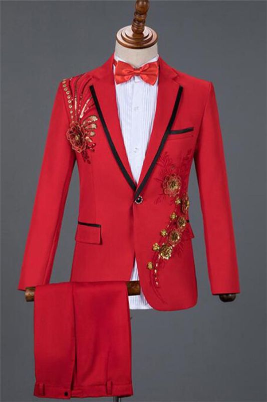 Red Sequin Embroidery Lace Floral Men Tuxedo | Fashion One Button Prom Men Suits Online