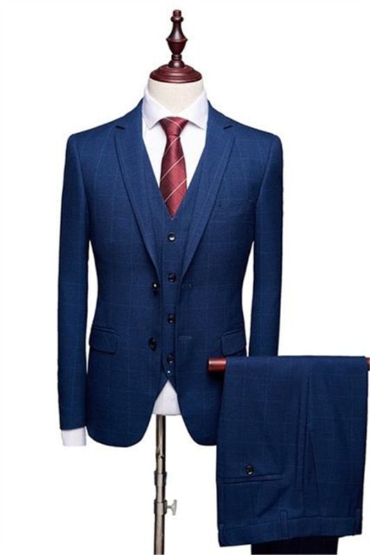 Dark Blue Plaid Business Tuxedo | Men Autumn Fashion Solid Slim Men Suits