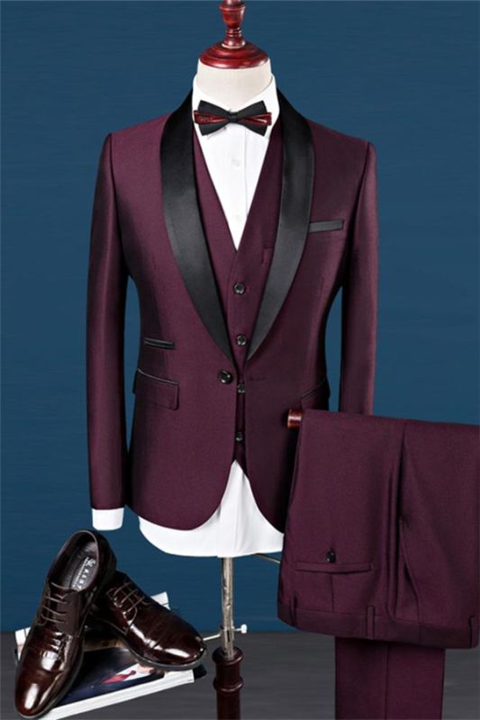 Burgundy Slim Fit Shawl Lapel Groomsmen Suit | Fashion Black Trim ...