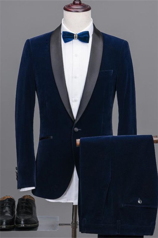 Navy Blue Shawl Lapel Velvet Prom Suits | 2020 Best Man Tuxedos 2 Pieces