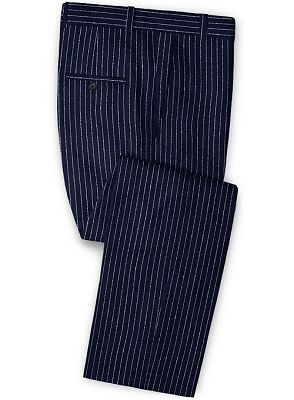 Latest Dark Blue Linen Formal Tuxedo | Business Striped Two Pieces Men Suits_3