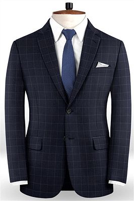 Dark Blue Checked Men Suits | Fashion Notch Lapel Prom Tuxedo_1