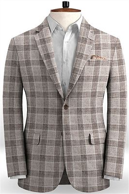 Khaki Linen Groom Men Suits Online | Fashion Plaid Two Pieces Tuxedo_1