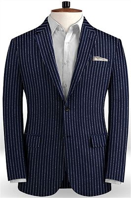 Latest Dark Blue Linen Formal Tuxedo | Business Striped Two Pieces Men Suits