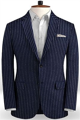 Latest Dark Blue Linen Formal Tuxedo | Business Striped Two Pieces Men Suits_1