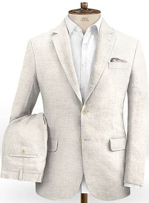 Ivory Linen Wedding Groom Suits | Notched Lapel Two Pieces Tuxedo for Sale_2