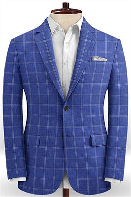 Ocean Blue Grid Linen Men Suits | Notch Lapel Slim Fit Tuxedo_1