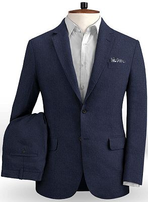 Dark Blue Linen Beach Groom Suits | Slim Fit Wedding Tuxedo_2