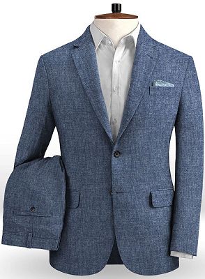 Navy Blue 2 Pieces Men Suits | Fashion Linen Tuxedo with Notch Lapel_2