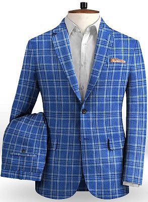 Ocean Blue Plaid Business Men Suits | Formal Linen Notch Lapel Tuxedo
