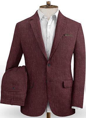 Burgundy Men Suits Online | Notched Lapel Linen Tuxedo Online_2