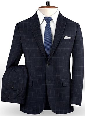 Dark Blue Checked Men Suits | Fashion Notch Lapel Prom Tuxedo