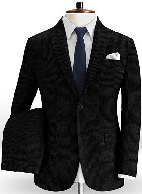Black Corduroy Business Men Suits | Bespoke Striped Tuxedo with 2 Pieces_2