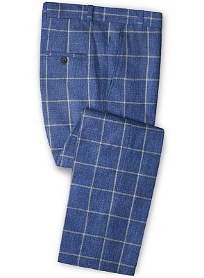 Blue Business Two Pieces Men Suits | Linen Plaid Tuxedo_3