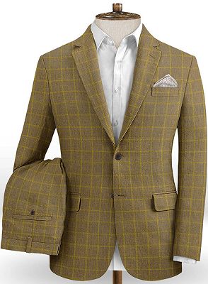 Gold Brown Plaid Prom Men Suits Online | High Quality 2 Pieces British Style Suit