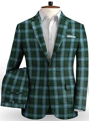 Dark Green Grid Men Suits for Sale | Business Linen Tuxedo with 2 Pieces_2