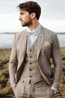 Khaki Linen Summer Beach Mens Classic Suits | 2020 Groom Wedding Tuxedos with 3 Pieces_3