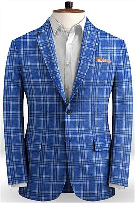 Ocean Blue Plaid Business Men Suits | Formal Linen Notch Lapel Tuxedo_1