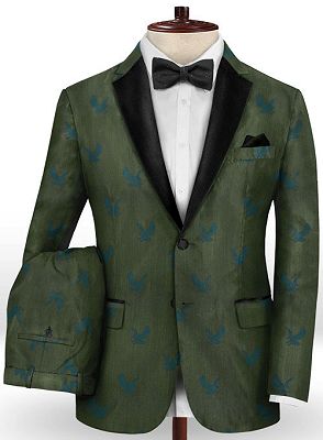 Dark Green Printed Suits for Men | Bespoke Prom Outfit Men Suits with Black Lapel