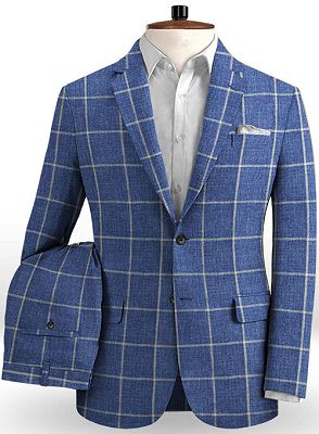 Blue Business Two Pieces Men Suits | Linen Plaid Tuxedo