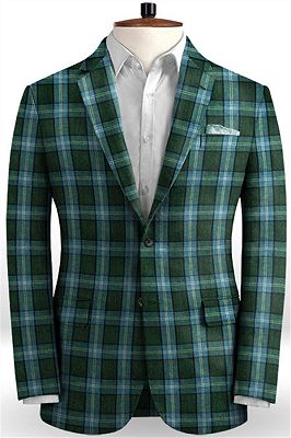 Dark Green Grid Men Suits for Sale | Business Linen Tuxedo with 2 Pieces