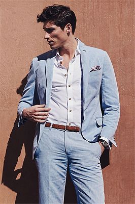 Fashion Casual Sky Blue Summer Men Suits | 2 Pieces Linen Beach Wedding Suits for Men