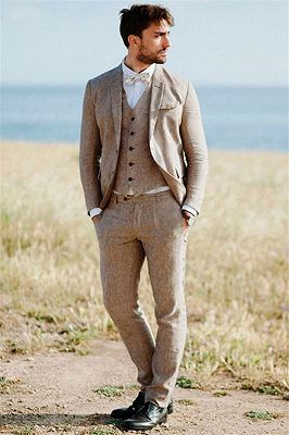 Khaki Linen Summer Beach Mens Classic Suits | 2020 Groom Wedding Tuxedos with 3 Pieces_2