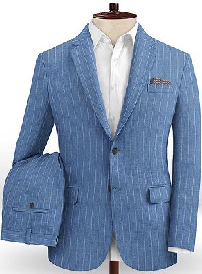 Ocean Blue Striped Prom Tuxedo | Two Pieces Linen Men Suits_2