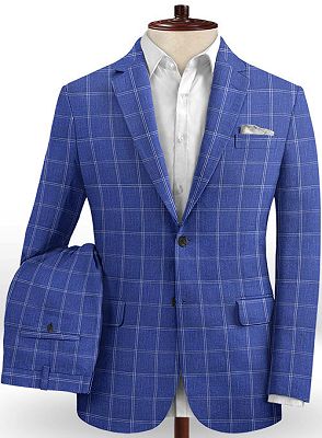 Ocean Blue Grid Linen Men Suits | Notch Lapel Slim Fit Tuxedo