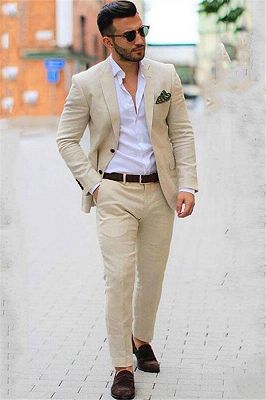 Ivory Casual Summer 2 piece Linen Blazer Mens Suits | Beige Slim Fit Groom Wedding Tuxedo