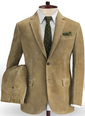 Khaki Corduroy Strip Men Suits | Fashion Slim Fit Tuxedo for Men