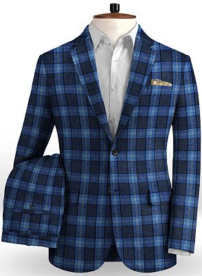 Bespoke Blue Plaid Linen Men Suits | Formal Business Tuxedo with Two Pieces
