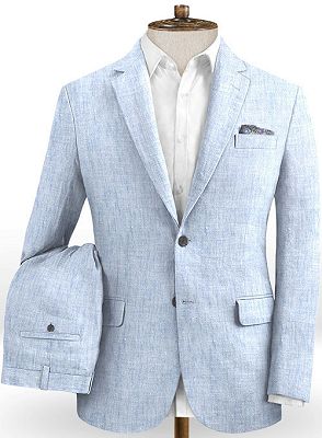 Sky Blue Cotton Linen Summer Wedding Suit | Beach Suit Groom Tuxedos Bestman Blazer_2