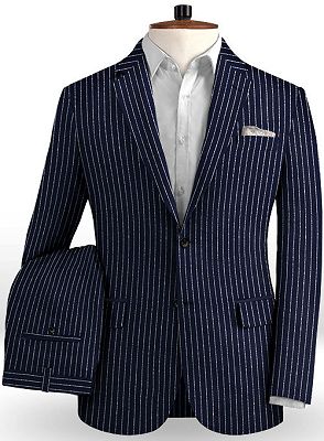 Latest Dark Blue Linen Formal Tuxedo | Business Striped Two Pieces Men Suits