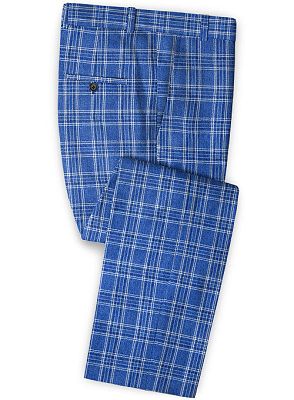 Ocean Blue Plaid Business Men Suits | Formal Linen Notch Lapel Tuxedo_3