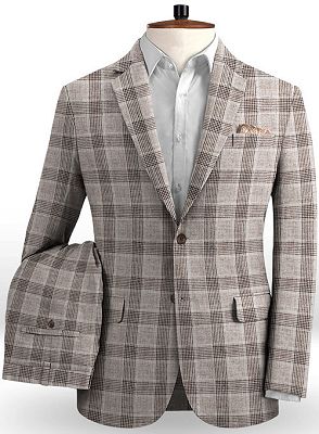 Khaki Linen Groom Men Suits Online | Fashion Plaid Two Pieces Tuxedo