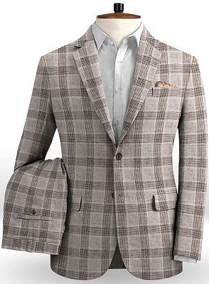 Khaki Linen Groom Men Suits Online | Fashion Plaid Two Pieces Tuxedo_2