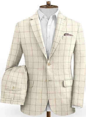 Light Champagne Plaid Linen Tuxedo | Fashion Two Pieces Notch Lapel Men Suits_2