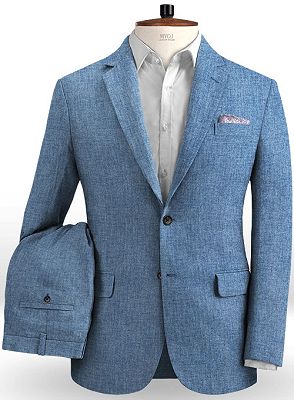 Fashion Blue Linen Wedding Suits for Men | Beach Slim Fit Groom 2 Piece Tuxedo