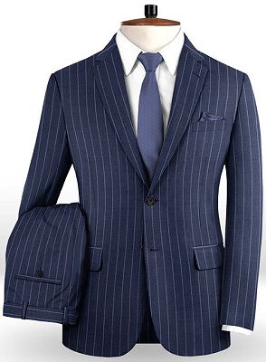 Dark Blue Business Formal Suits | Fashion Two Buttons Striped Tuxedo Online