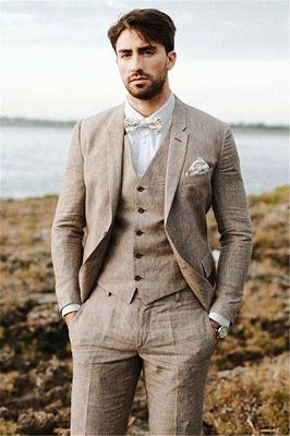 Khaki Linen Summer Beach Mens Classic Suits | 2020 Groom Wedding Tuxedos with 3 Pieces