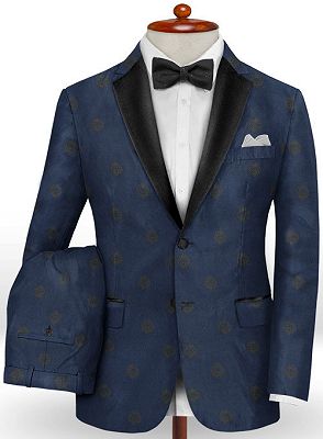 Dark Navy Printed Flower Prom Tuxedo | Fashion Slim Fit Men Suits