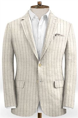 Light Champagne Two Pieces Striped Tuxedo | Linen Summer Beach Groom Suits_1