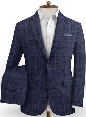 Blue Plaid Linen Tuxedo Online | Casual Two Pieces Slim Fit Men Suits