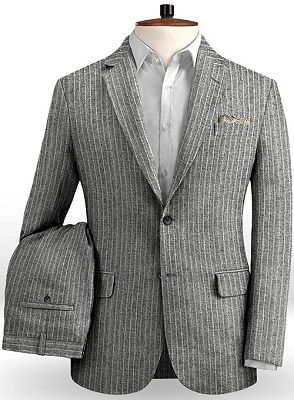 Grey Linen Men Suits | Two Pieces Striped Tuxedo_2